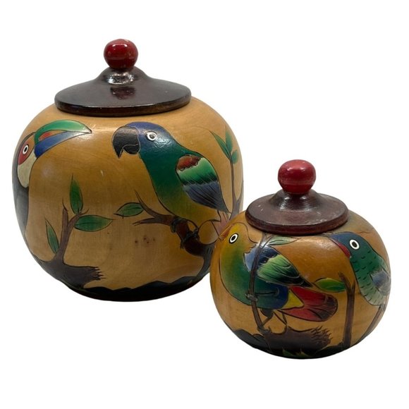 Tropical Birds Wooden Trinket Jar Box Set Toucan Parrots Lidded Vintage - Picture 12 of 12